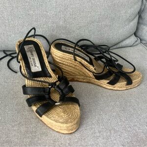 Andre Assous Sexy Black Strappy Wedge Leather Lace-up Espadrille Sandals